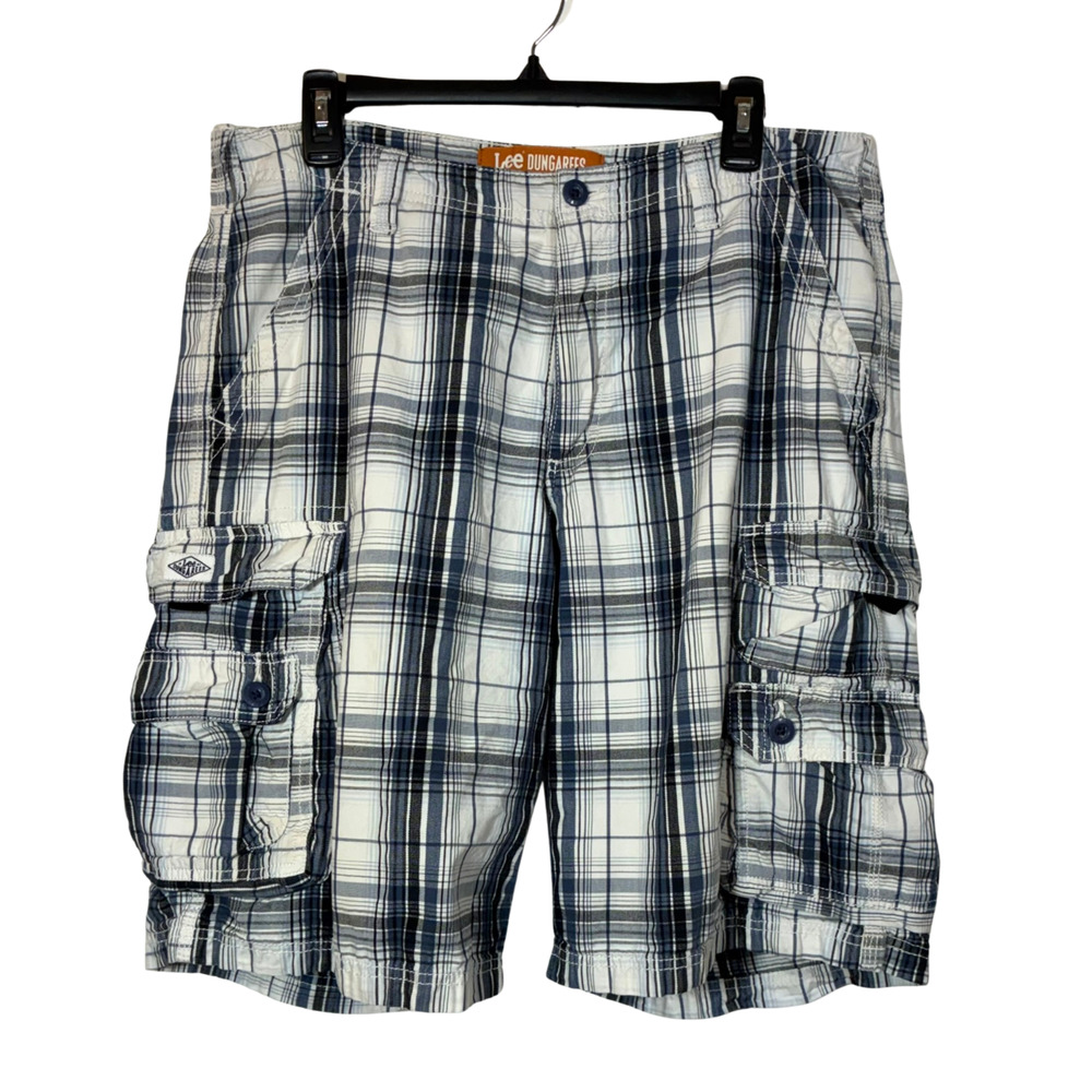 Plaid Cargo Shorts Blue Black Lee Dungarees Men 34 Casual 10" Inseam Preppy